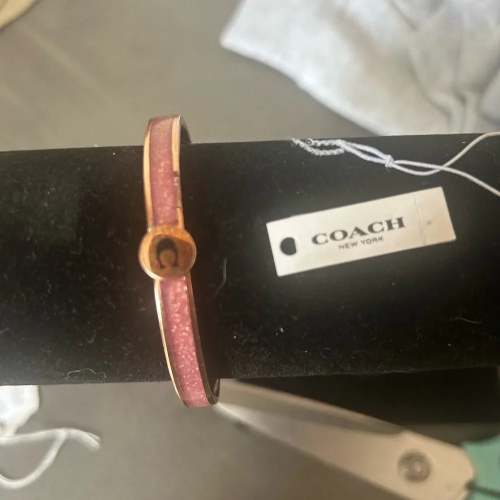 Coach Rose Gold-Tone Pink Glitter Logo Bangle Bracelet